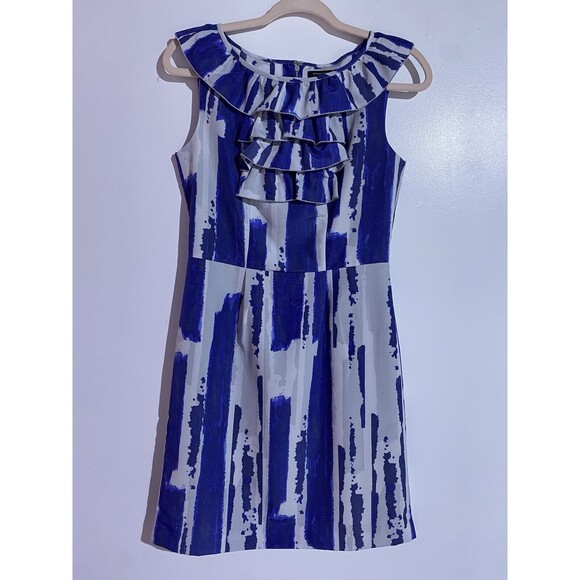 Banana Republic Dress 2 Blue Gray Ruffle Neck Sleeveless Sheath Office Abstract - Picture 1 of 12